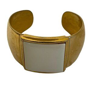 Vintage Avon Gold Toned Wide Band Cuff Bangle Bracelet White Square Lucite Inlay